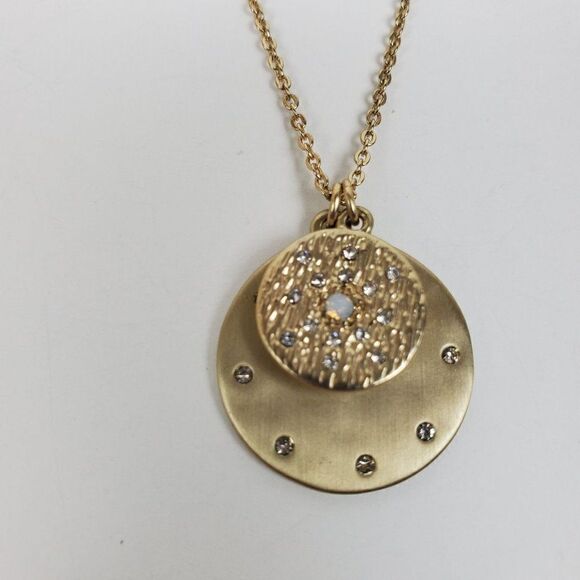 Loft Gold Tone Double Pendant Round Circle Crystal Rhinestone Pendant Necklace - Picture 4 of 13